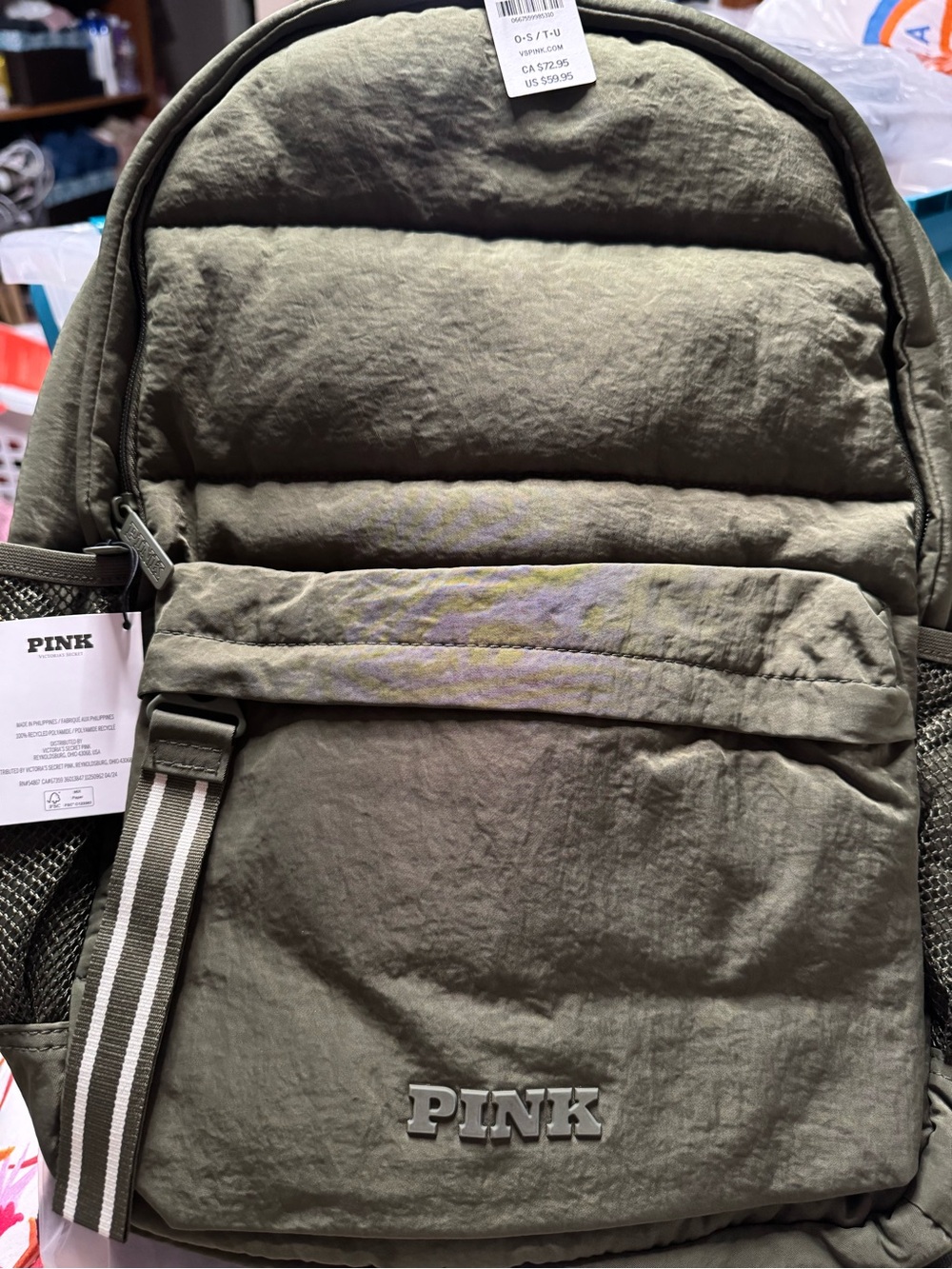 PINK Victoria's Secret Olive Green Quilted Puffer Backpack